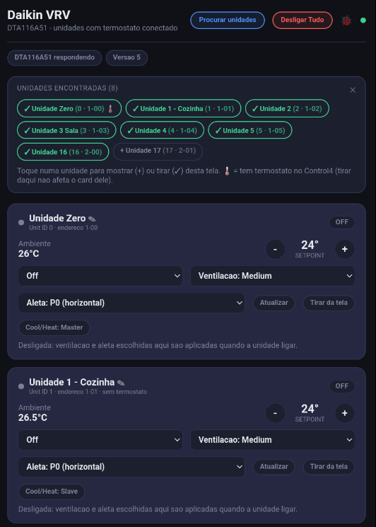 Web UI: units found by the scan and one card per unit